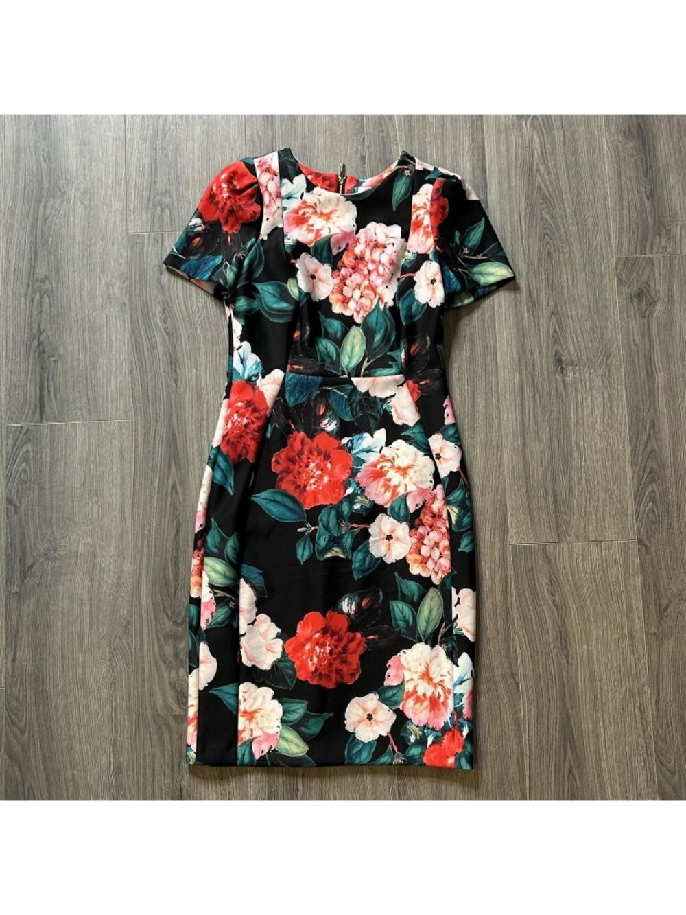 Calvin Klein Black Floral Sheath Dress with Red & Pink Blooms